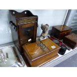 A SMOKERS CABINET, TWO BOXES,A TEA CADDY, LEATHER CASED MEDICINE GLASSES, RAZOR STROP, EPNS