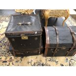 THREE VARIOUS LEATHER MOUNTED BLACK CANVAS TRUNKS