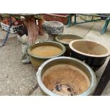 FOUR GLAZED PLANTERS, TWO COMPOSITE BIRD BATHS AND TWO GARDEN FIGURES