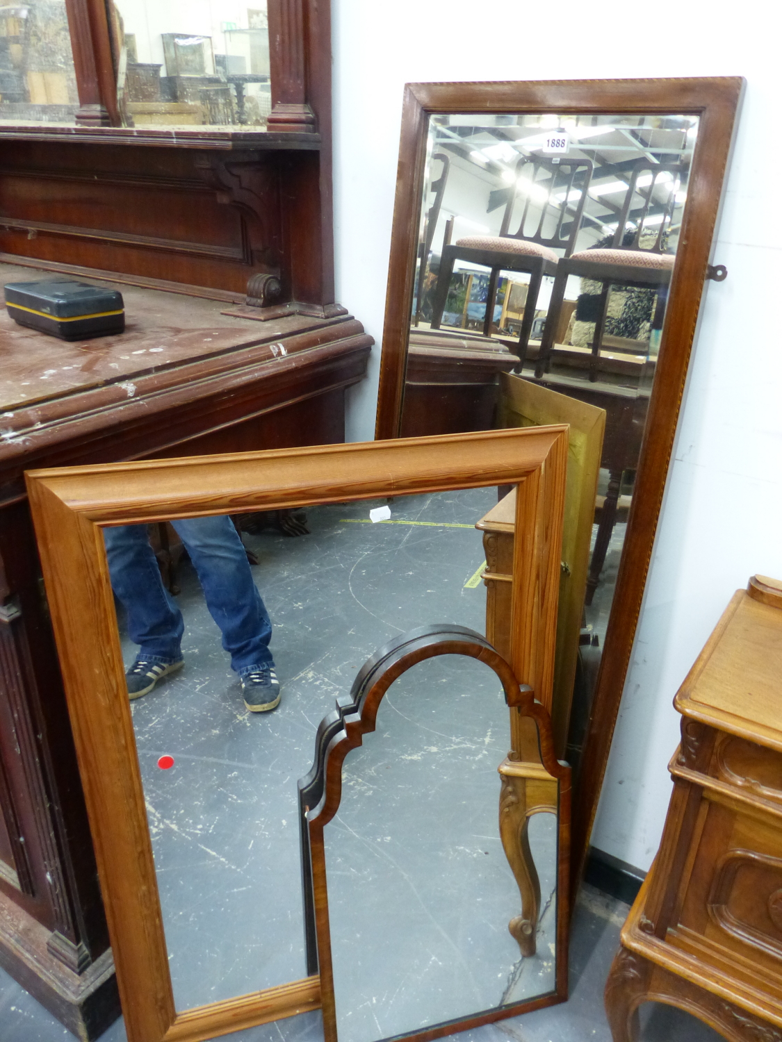 THREE VARIOUS MIRRORS, THE TALLEST FRAMED IN CHEQUER LINE INLAID MAHOGANY. H 129cms. ANOTHER IN OGEE