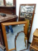 THREE VARIOUS MIRRORS, THE TALLEST FRAMED IN CHEQUER LINE INLAID MAHOGANY. H 129cms. ANOTHER IN OGEE