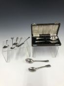 A CASED SILVER CHRISTENING SPOON AND FORK TOGETHER WITH A CADDY SPOON, BUTTER KNIFE AND FIVE OTHER