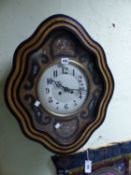 A 19th C. FRENCH WALL CLOCK STRIKING ON A COILED ROD, THE CIRCULAR ENAMEL DIAL WITH ARABIC