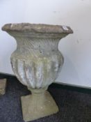 A PAIR OF COMPOSITE CLASSICAL STYLE GARDEN URNS ON STANDS