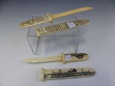 TWO BONE KNIVES, POSSIBLY SIBERIAN, ONE HANDLE AND SCABBARD ENGRAVED WITH WHALING SCENES AND THE