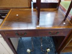 A 19th C. SATIN WOOD CROSS BANDED MAHOGANY WRITING TABLE WITH ONE OF THE TWO DRAWERS FITTED FOR