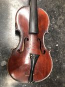 A CASED VIOLIN LABELLED MEDIO FINO, THE BACK. 33cms.