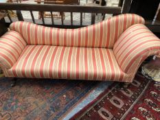 A 19th C. MAHOGANY CHAISE LONGUE, THE CURVED ARMS AND BACK UPHOLSTERED IN PINK STRIPED TEXTILE. W