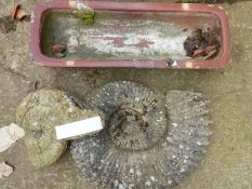 TWO CARVED COMPOSITE AMMONITE SCULPTURES, TOGETHER WITH SMALL SALT GLAZED TROUGH