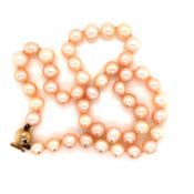 A PRINCESS ROW OF PINKISH - PEACH BAROQUE CULTURED PEARLS COMPLETE WITH A 9ct GOLD BALL CLASP. PEARL