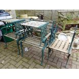 A PAIR OF GARDEN CHAIRS WITH PAINTED CAST IRON ENDS TOGETHER WITH FOUR MATCHING TABLES