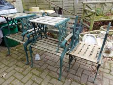 A PAIR OF GARDEN CHAIRS WITH PAINTED CAST IRON ENDS TOGETHER WITH FOUR MATCHING TABLES