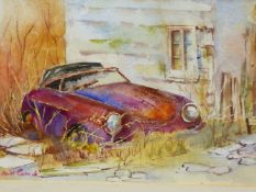 20th CENTURY SCHOOL "THE OLD PORSCHE" SIGNED INDISTINCTLY WATERCOLOUR 19 x 29cms
