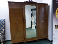 A THREE DOOR INLAID MAHOGANY WARDROBE RETAILED BY HARRODS, LONDON. W 187 X H 200cms.