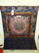 A 19th C. TIBETAN THANGKA, PAINTED WITH A WHEEL OF LIFE AND MOUNTED ON A SILK BANNER, THE WHEEL.