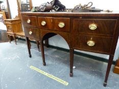 A GEORGE III MAHOGANY BOW FRONT SIDEBOARD WITH FIVE DRAWERS AND SQUARE SECTIONED LEGS TAPERING TO