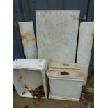 A BELFAST SINK, CERAMIC PEDESTALS, MARBLE TOPS ETC