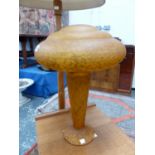 AN ART DECO STYLE MARBLED ORANGE GLASS TABLE LAMP AND MUSHROOM CAP SHADE. Dia. 35 x H 50cms.