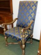 A PAIR OF LATE 17th C. STYLE SILVERED WOOD ELBOW CHAIRS AND A STOOL EN SUITE, EACH UPHOLSTERED IN