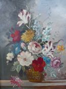 E. VANDERMAN (20th C.) DUTCH STYLE FLORAL STILL LIFE, SIGNED, OIL ON BOARD. 50 x 40cms