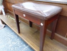 A 20th C. MAHOGANY PIANO STOOL WITH COMPARTMENT UNDER THE SEAT