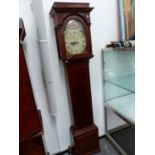 A 19th C. OAK AND MAHOGANY LONG CASED CLOCK INDISTINCTLY SIGNED BELOW COWS PAINTED IN THE ARCH OF