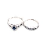 A MATCHING SET OF 18ct WHITE GOLD HALLMARKED SAPPHIRE AND DIAMOND BRIDAL RINGS. FINGER SIZES O AND