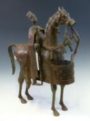 A LATE 19th C. LACDJUR, SENEGAL BRASS HORSE AND RIDER, THE HORSE ELABORATELY CAPARISONNED, THE RIDER