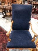 A MID 18th C. STYLE WALNUT ELBOW CHAIR, THE RECTANGULAR BACK AND SEAT CLOSE NAILED IN BLUE VELVET,