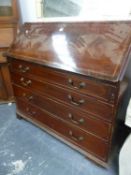 A GEORGE III LINE INLAID MAHOGANY BUREAU WITH FOUR GRADED DRAWERS BELOW THE FALL AND ON BRACKET