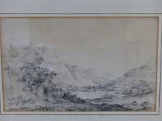 LOUISA GURNEY (1784-1836) LAKE LAND VIEW, INSCRIBED AND SIGNED, PENCIL DRAWING. 25 x 40cms