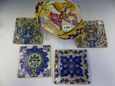 A PERSIAN CUERDA SECA TILE PAINTED WITH A WINGED FIGURE BEARING A BOWL AND SAUCER TOGETHER WITH FOUR