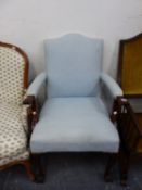 A MAHOGANY ARMCHAIR, THE SERPENTINE TOPPED BACK AND SEAT UPHOLSTERED IN PALE BLUE, THE CABRIOLE