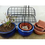 A PAIR OF BLUE GLAZED GARDEN PLANTERS, TERRACOTTA POTS, WROUGHT IRON LOWER BASKETS, OBELISK ETC