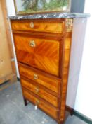 AN ANTIQUE FRENCH GREY MARBLE TOPPED KINGWOOD SECRETAIRE A ABATTANT, THE FALL AND FOUR DRAWERS