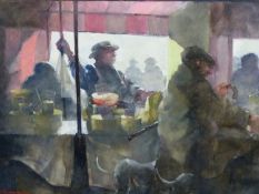 LAWRIE WILLIAMSON (1932-2017) ARR. MARKET DAY, SIGNED, OIL ON CANVAS, GALLERY LABEL VERSO. 61 x
