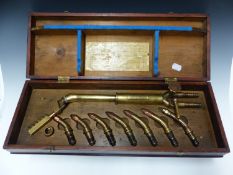 A BRITISH OXYGEN COMPANY BOXED UNIVERSAL BLOWPIPE WITH SEVEN COPPER TIPPED BRASS HEADS, THE