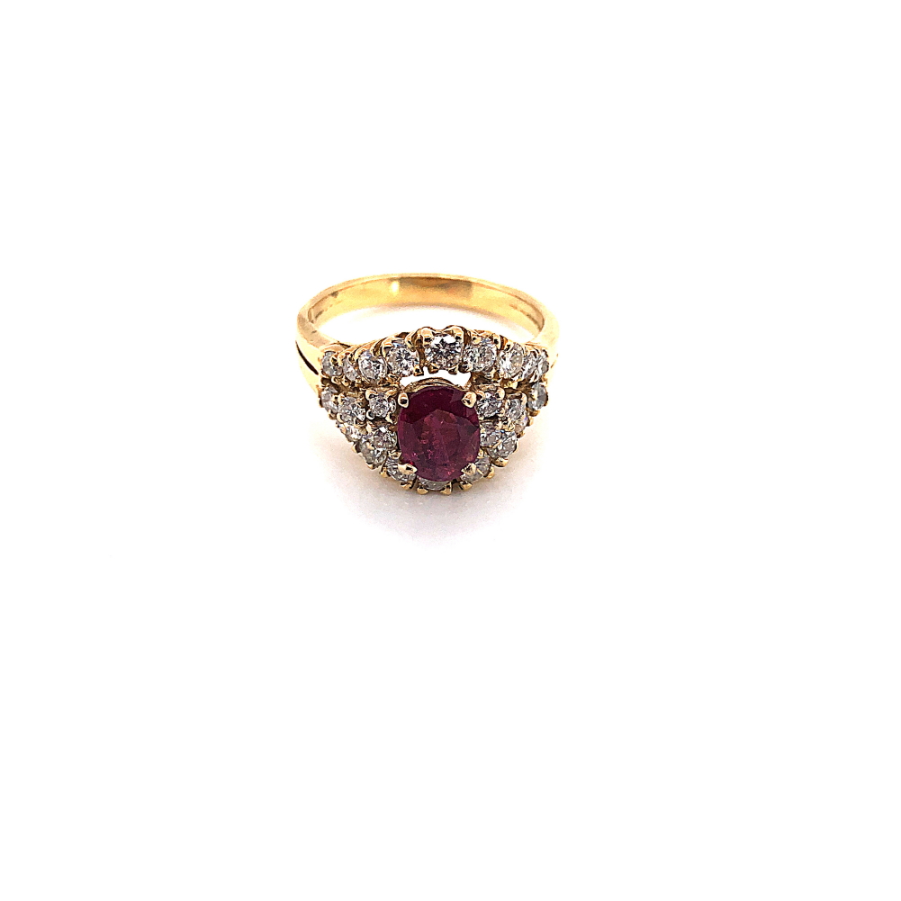 AN EGYPTIAN RUBY AND DIAMOND CLUSTER STYLE RING. UNHALLMARKED, STAMPED WITH EGYPTIAN GOLD MARKS,