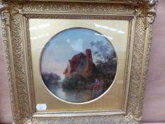 19th C. ENGLISH SCHOOL. A PAIR OF CIRCULAR RIVERSIDE VIEWS, OIL ON PANEL. DIA 20cms (2)