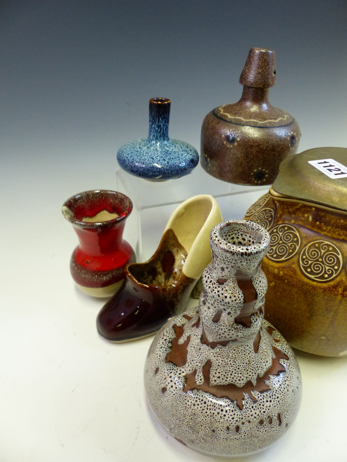 FOUR STUDIO POTTERY VASES, A SHOE AND A MERKELBACH BROWN STONE WARE JUG MOUNTED WITH A METAL LID - Image 3 of 3
