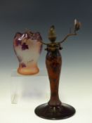 A LEGRAS CAMEO GLASS VASE ETCHED WITH PURPLE VINE LEAVES. H 15cms. TOGETHER WITH AN ARGENTAL CAMEO