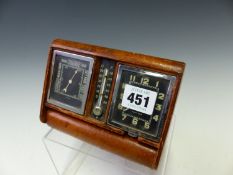 A LEATHER CASED LE COULTRE CHROME FRAMED TRAVEL CLOCK, BAROMETER AND MERCURY THERMOMETER