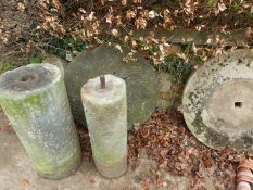 THREE ANTIQUE MILL STONES, TOGETHER WITH TWO LARGE STONE ROLLERS