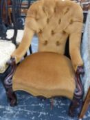 A VICTORIAN BUTTON BACK UPHOLSTERED MAHOGANY ARMCHAIR TOGETHER WITH A SIDE CHAIR NOW WITH A WOVEN