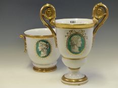 A 20th C. ITALIAN TIN GLAZED POTTERY TWO GILT HANDLED CUP PAINTED WITH A GRISAILLE ROMAN HEAD ON A