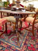 A GEORGE III MAHOGANY BIRDCAGE TRIPOD TABLE. THE BALUSTER COLUMN ABOVE LONG NOSED CLUB FEET. Dia. 74