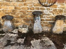 THREE STADDLE STONES, HEIGHTS 96, 81 AND 75cms, TOGETHER WITH A STONE BLOCK DIAMETER 49cms HEIGHT