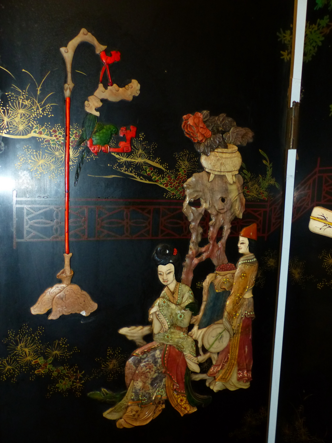 A CHINESE LACQUER AND INLAID SIX FOLD FLOOR SCREEN, DECORATED WITH FIGURES IN RELIEF IN TERRACES AND - Image 17 of 21