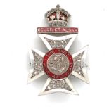 THE KINGS ROYAL RIFLE CORPS, CELER ET AUDAX DIAMOND AND RED ENAMEL BROOCH IN FITTED CAST.