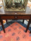A 19th C. PINE TABLE WITH SINGLE DRAWER ABOVE THE TAPERING SQUARE LEGS. W 86.5 x D 55 x H 76cms.